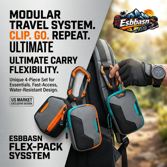 Esbbasn™ 4-Piece Modular Travel Pouch System - Water-Resistant EDC Utility Pouches with Carabiners, Quick-Access Backpack Attachment Organizers for Hiking, Camping, Travel, and Outdoor Adventure