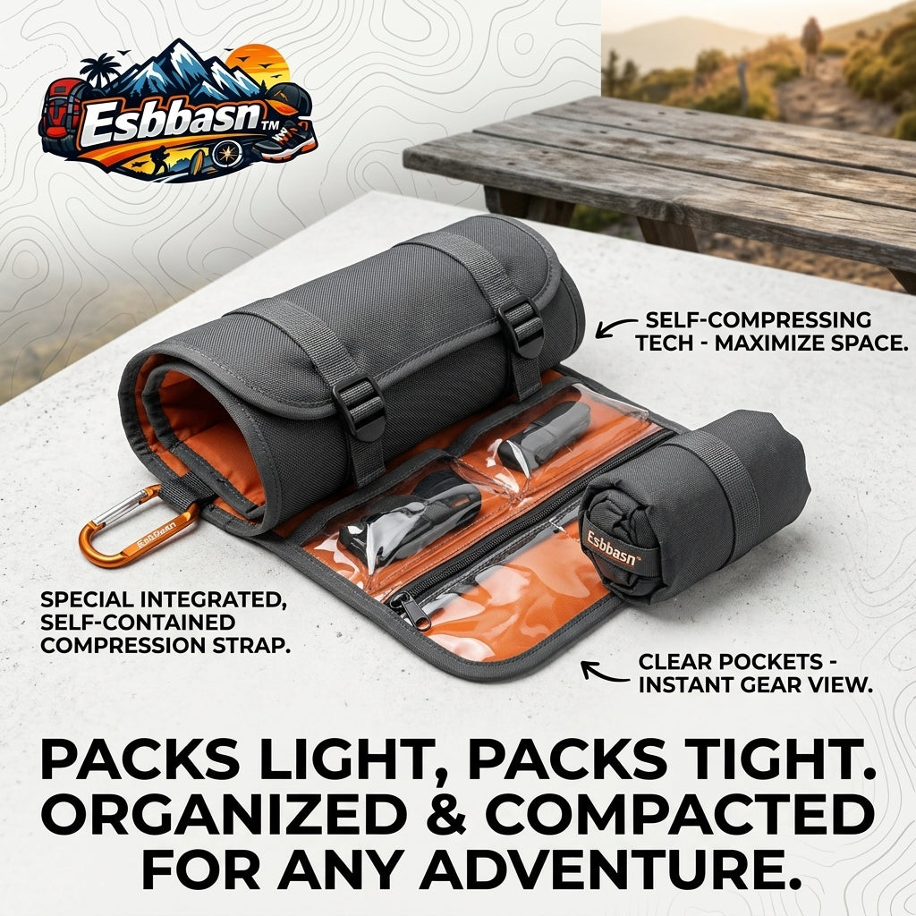 Esbbasn™ Roll-Up Travel Gear Organizer | Compact Compression Tool Pouch with Clear Pockets & Carabiner | Water-Resistant Tactical Storage Bag for Camping, Hiking, Backpacking