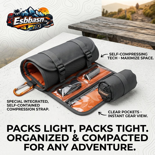 Esbbasn™ Roll-Up Travel Gear Organizer | Compact Compression Tool Pouch with Clear Pockets & Carabiner | Water-Resistant Tactical Storage Bag for Camping, Hiking, Backpacking