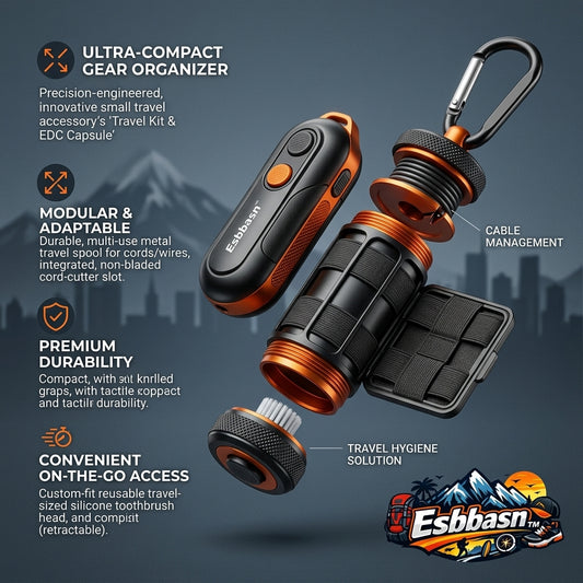 Esbbasn™ Modular EDC Travel Capsule | 6-in-1 Compact Gear Organizer, Heavy-Duty Aluminum Cable Spool with Carabiner, Retractable Travel Toothbrush, Elastic Grid Pocket Case for Backpacking, Camping & Daily Commute