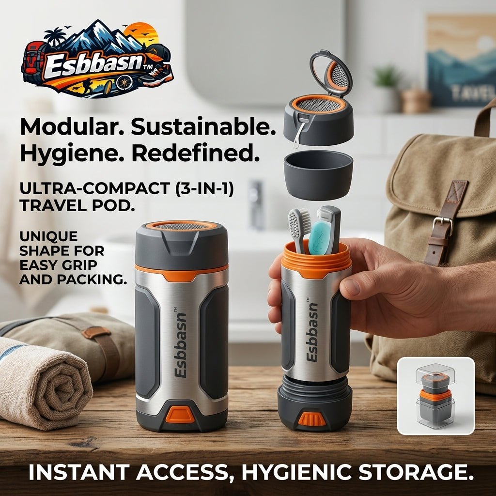 Esbbasn™ 3-in-1 Travel Toiletry Organizer Pod – Ultra-Compact Portable Toothbrush Holder & Wash Cup, Eco-Friendly Modular Hygiene Case with Built-in Floss Dispenser & Mirror for Travel, Camping, Backpacking, and Gym